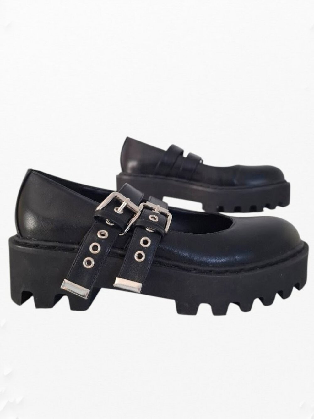 LA MODA Black Platform Maryjane Shoes Size 8 Double Straps Chunky Lug Sole EUC